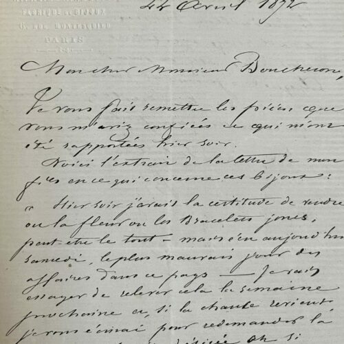Carta inédita del joyero Alexis Falize a Frédéric Boucheron, fundador de la marca, sobre joyería