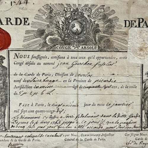 Jean Gourchon fue dado de baja sin cargos y con una multa de la Guardia de París al comienzo de la Revolución