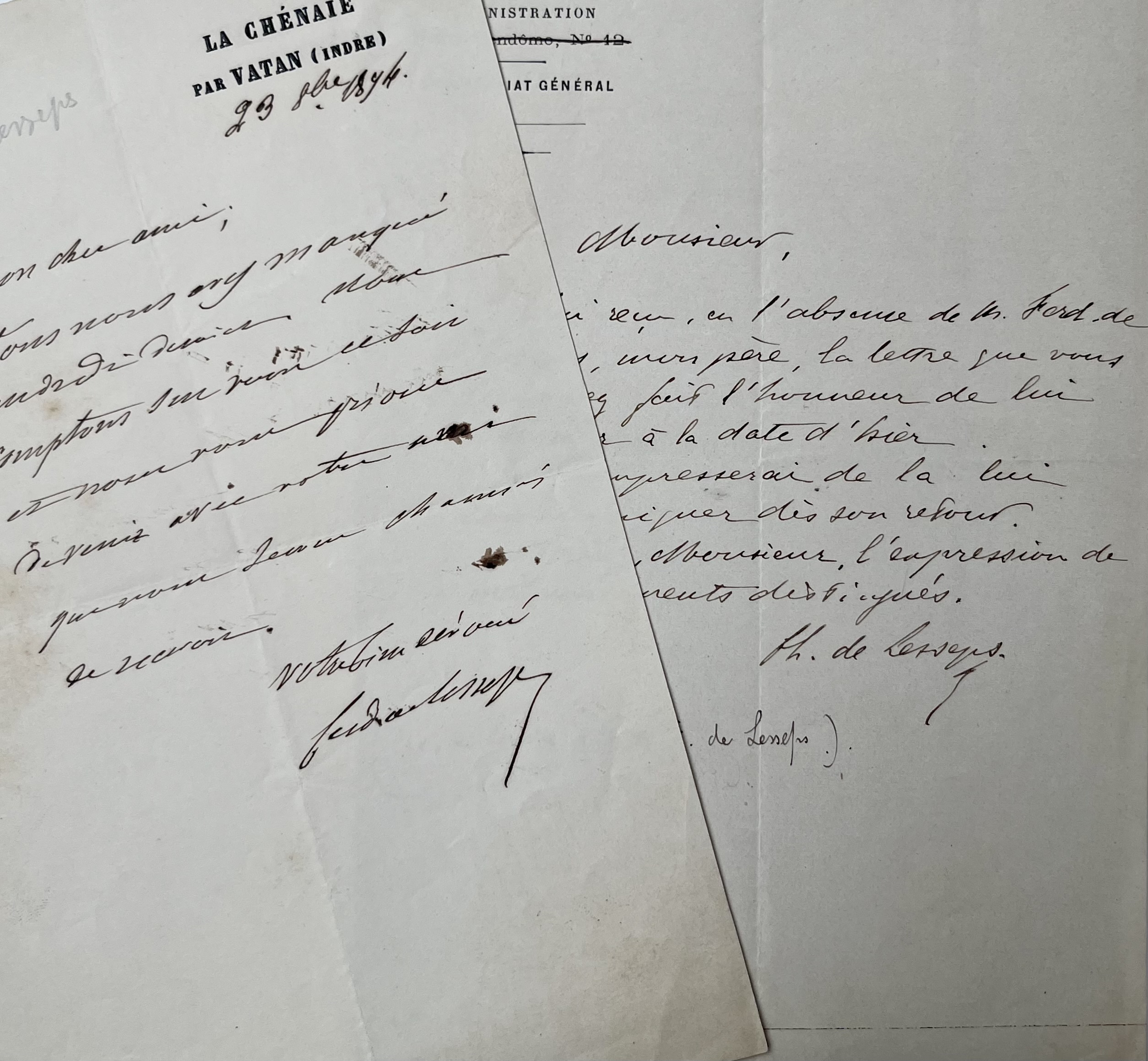 Ensemble de deux lettres de Ferdinand et Charles de Lesseps