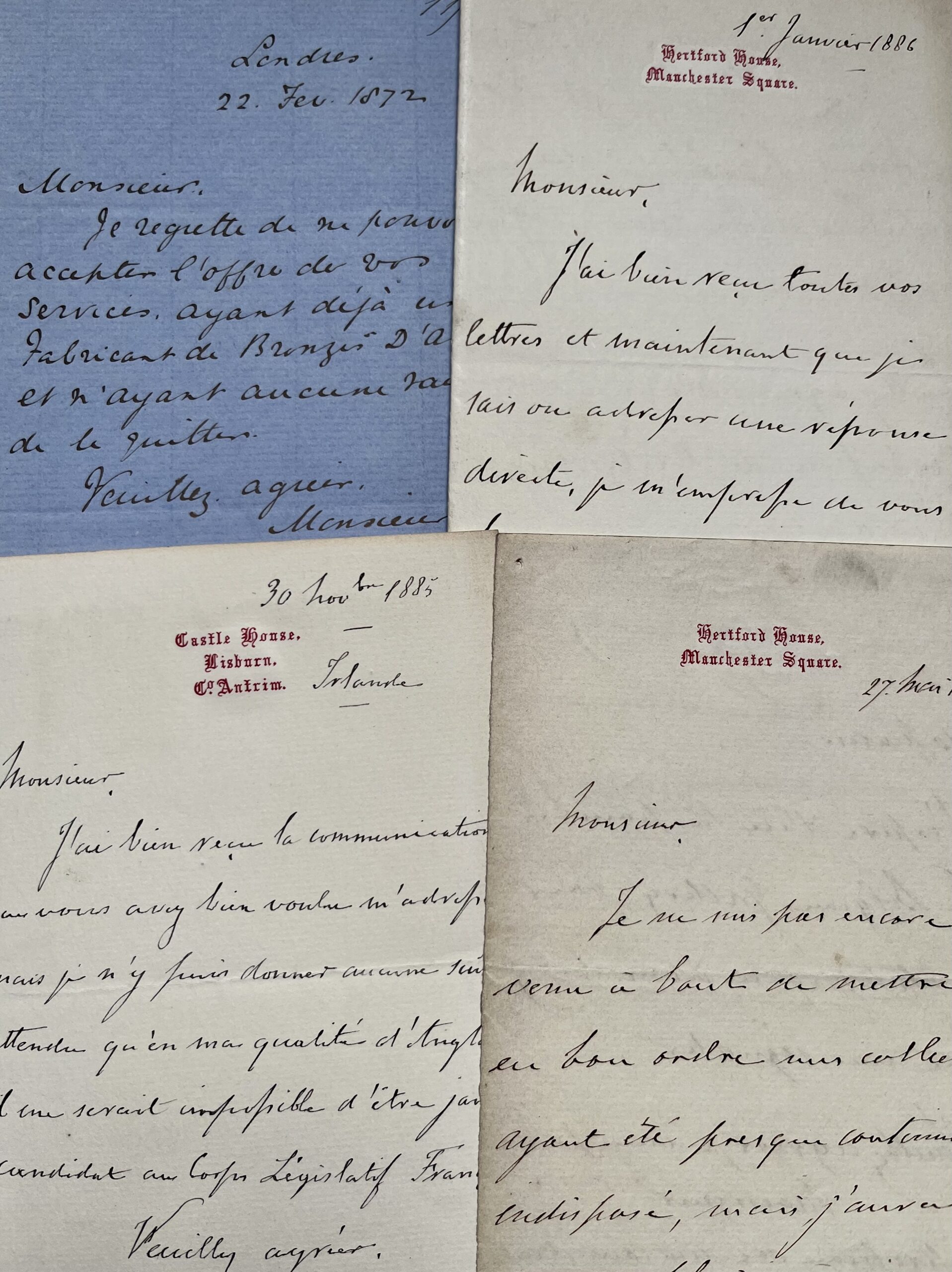 Ensemble de 4 lettres du collectionneur Sir Richard Wallace