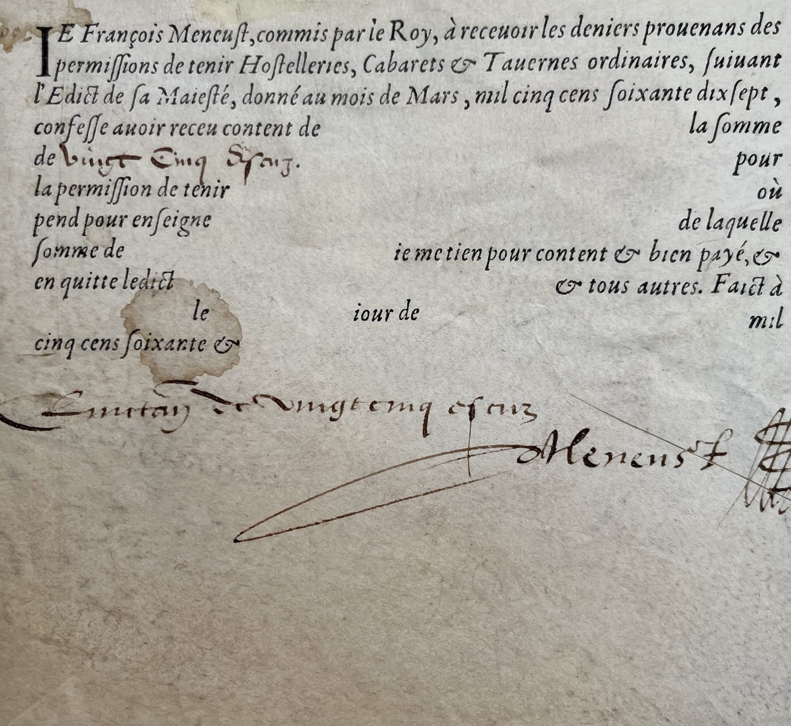 Quittance de 1578 pour la perception d’impôts sur les « Hostelleries, Cabarets & Tavernes »