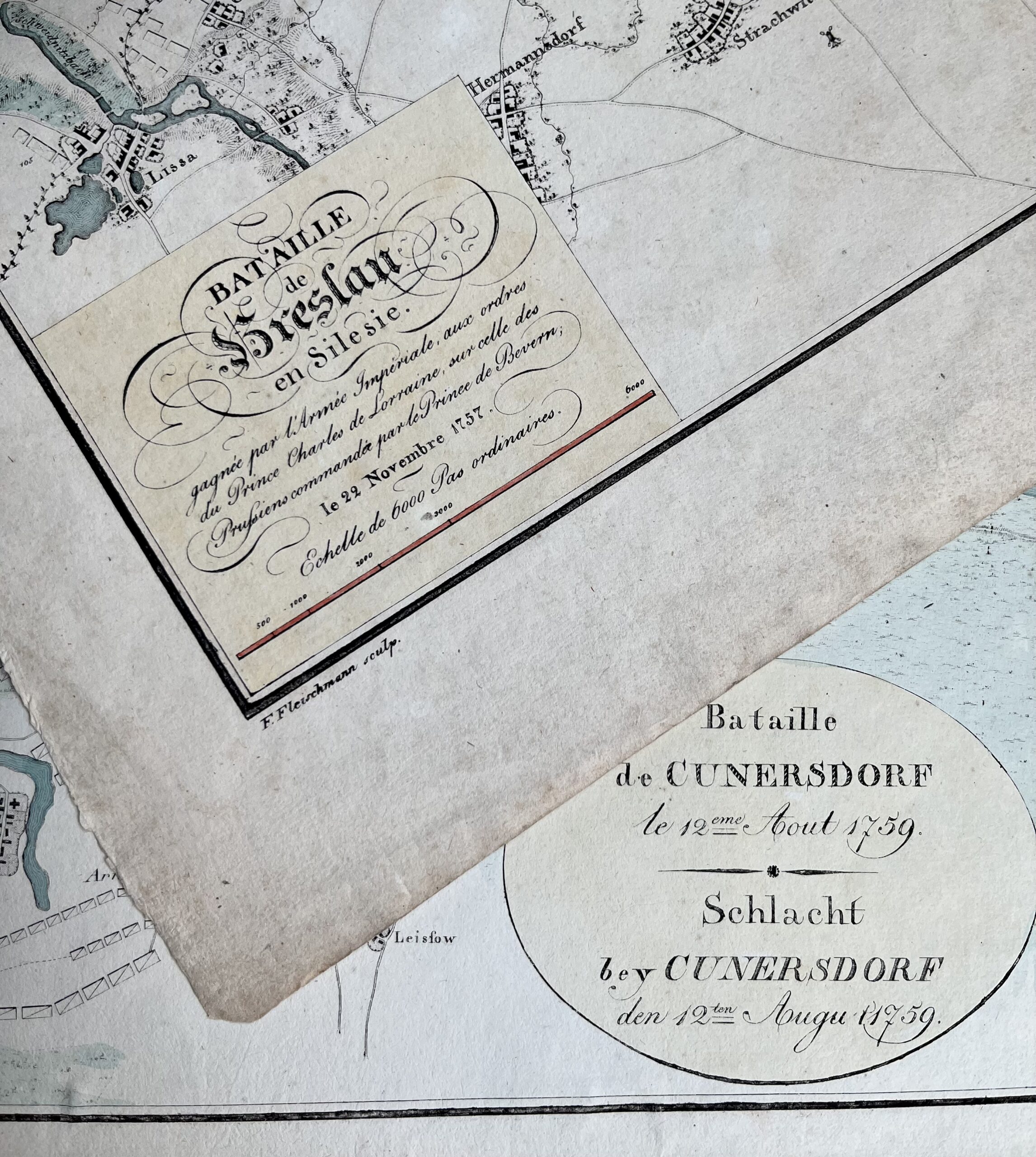 Guerre de sept ans : deux grandes planches imprimées des batailles de Kunersdorf et de Breslau