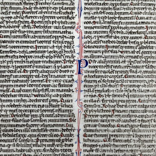 Feuillet de bible datant du XIIIe siècle, contenant le passage du Livre des Juges sur Samson et Dalila
