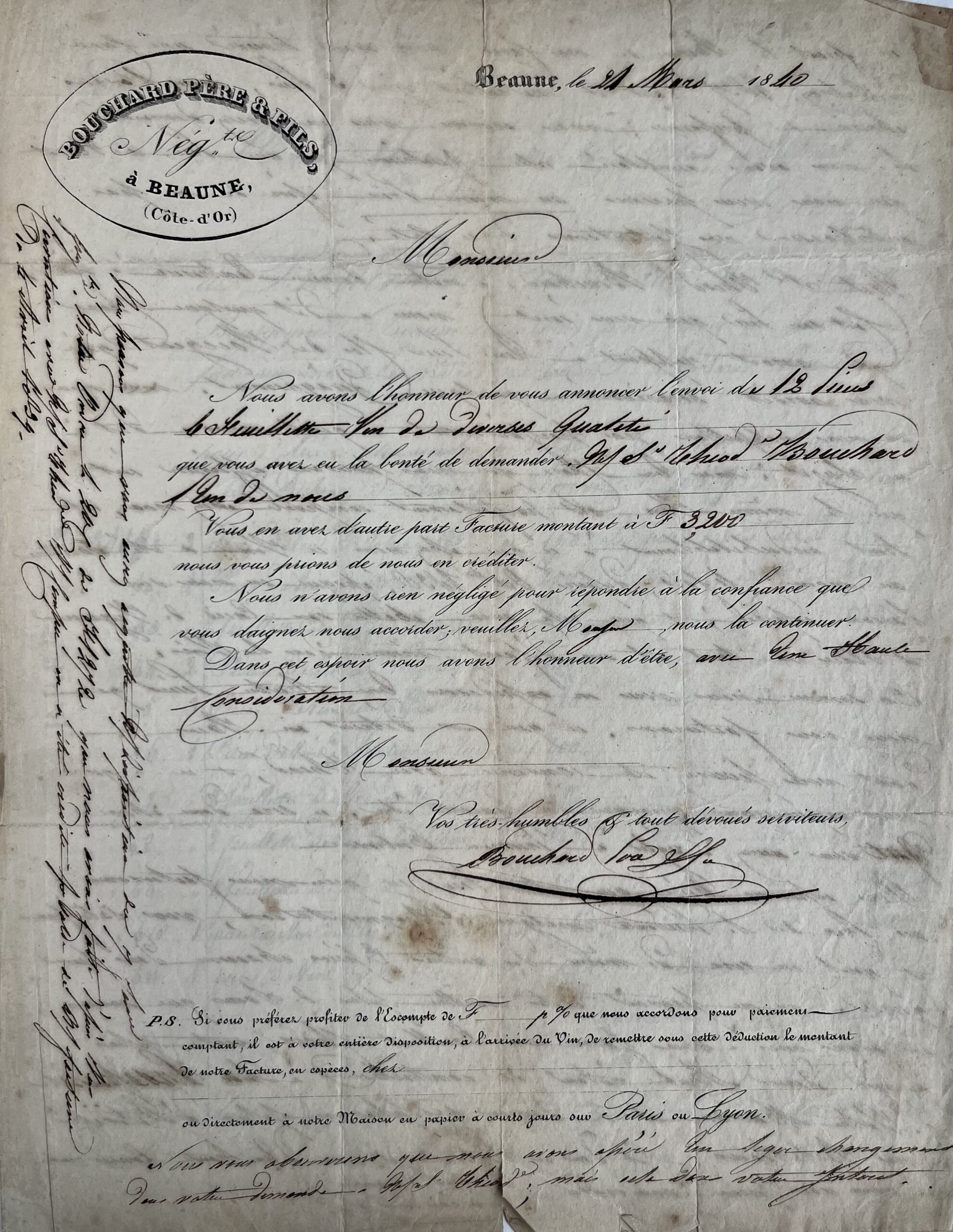 Lettre avec facture de 1840 de Bouchard père et fils, à Beaune, pour des Richebourg, Chambertin, Clos-Vougeot, etc.