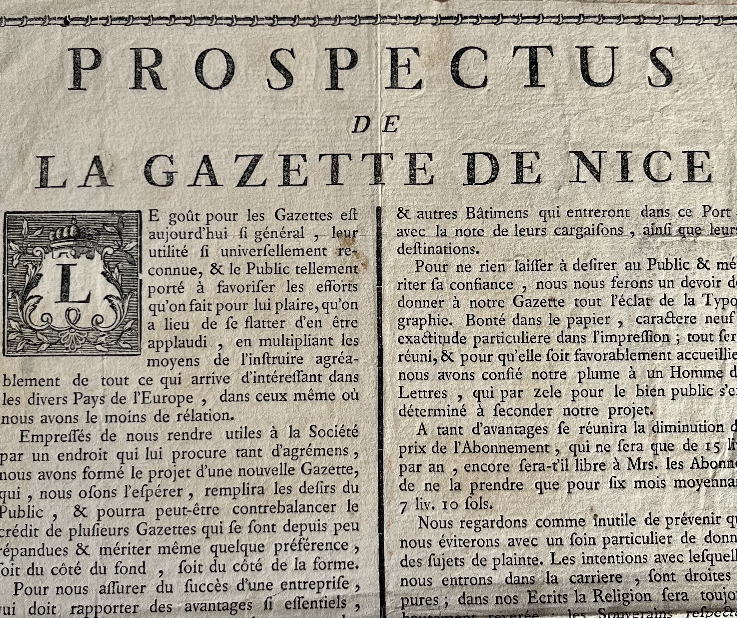 Rare placard annonçant la parution de la « Gazette de Nice » en 1772