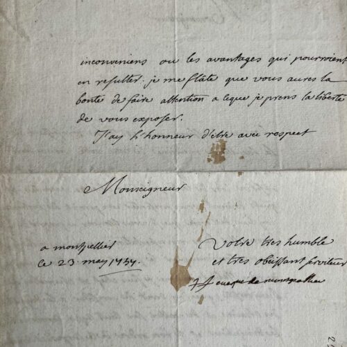 Lettre de l'évêque de Montpellier sur « la dispute des chaires vacantes » à la faculté de médecine