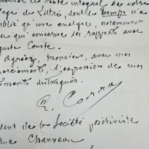 Le philosophe positiviste Emile Corra souhaite se procurer un texte sur Littré et Auguste Comte