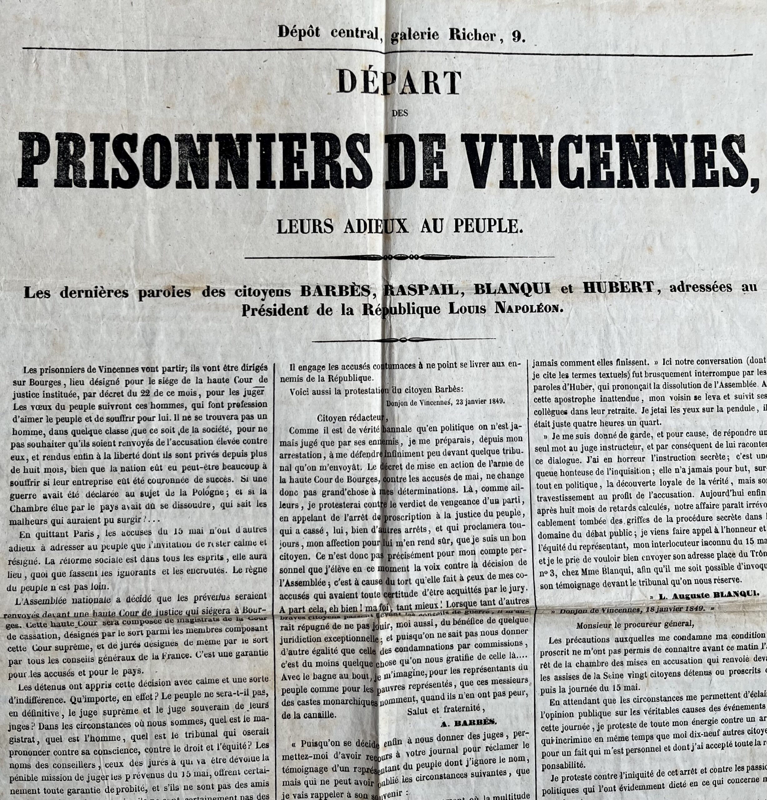 Affiche de 1848 relatant le départ des prisonniers de Vincennes : Barbès, Raspail et Blanqui