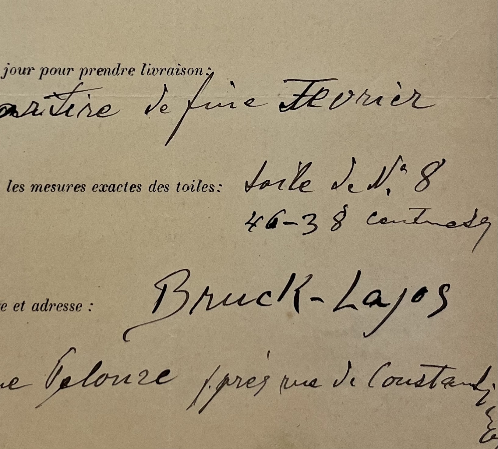 Fiche d’exposition d’un tableau, complétée et signée par le peintre hongrois Lajos Bruck