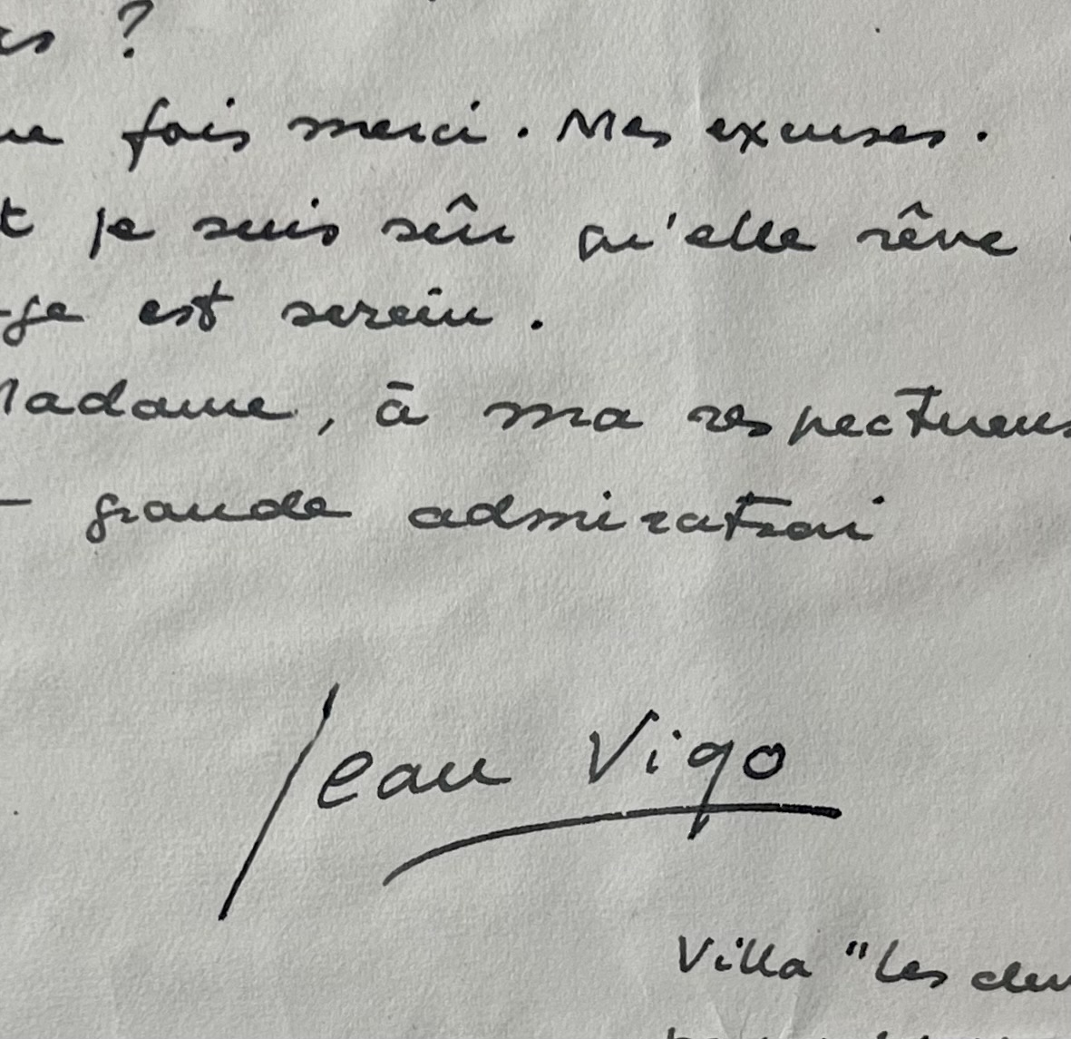 Rare et importante lettre du cinéaste Jean Vigo sur sa rencontre avec Germaine Dulac et son mariage