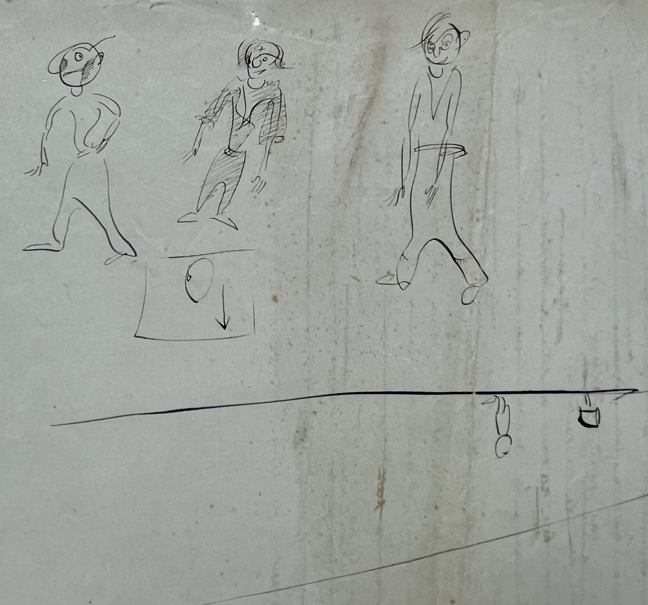 3 dessins de Saint-Exupéry esquissés à la plume au dos du brouillon d’un dialogue entre pilotes