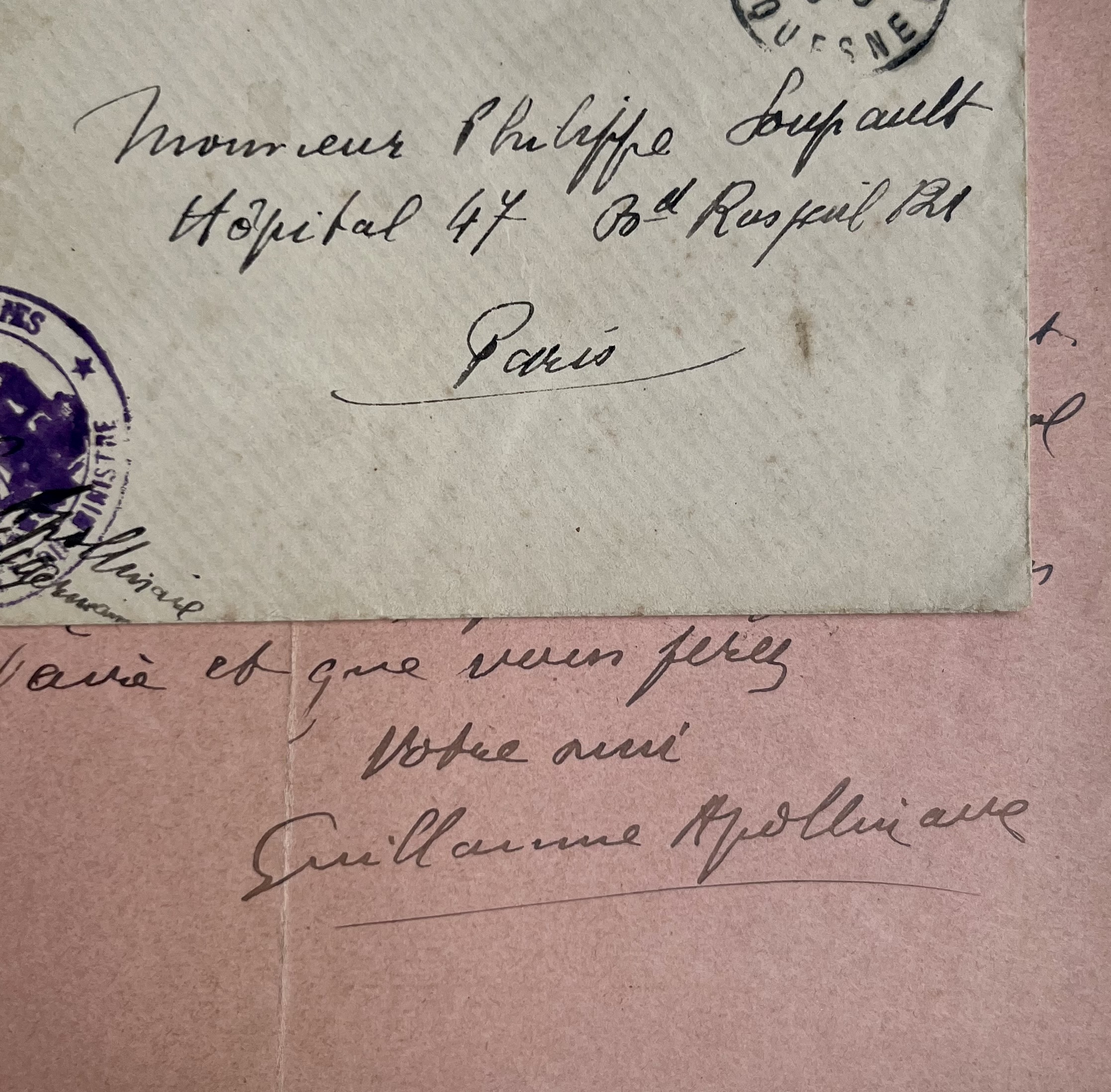 Lettre de Guillaume Apollinaire à Philippe Soupault, soigné à l’hôpital, en 1918