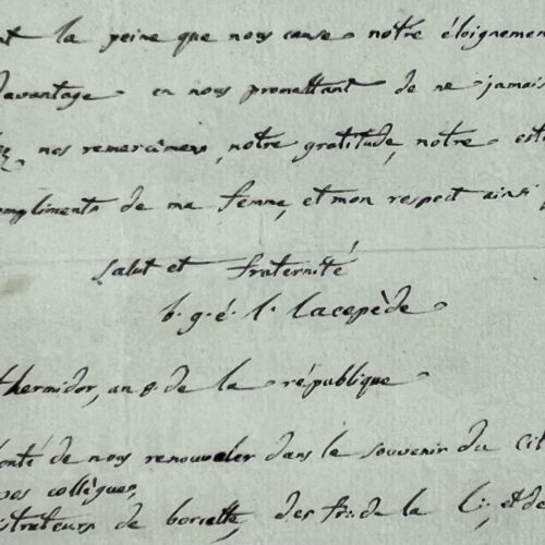 Cordiale lettera del Conte del castello di Lacépède a Dorsel e ai fratelli di una loggia massonica
