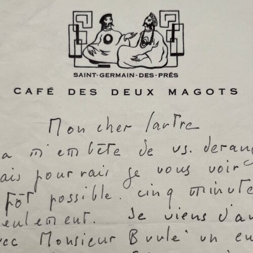 Brief von R. J. Chauffard an Sartre, mit einem wunderschönen Briefkopf von Deux Magots
