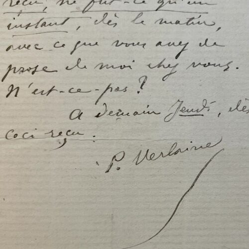 Verlaine bittet Léon Vanier inständig, ihn zu besuchen „mit all meinen Prosatexten, die Sie besitzen“