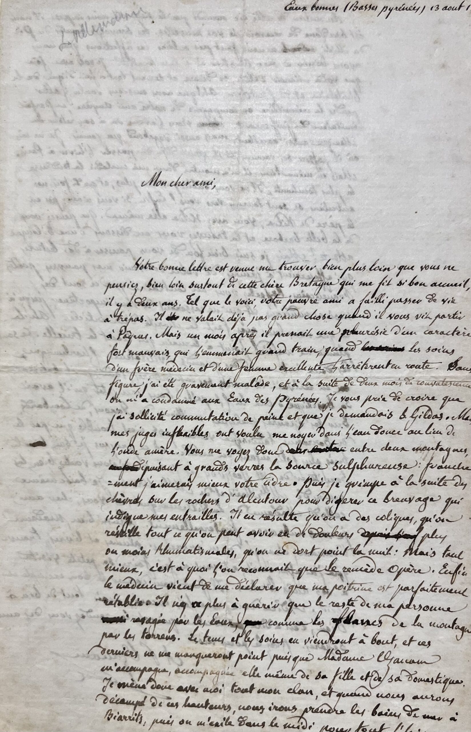 Belle et rare lettre de Frédéric Ozanam, fondateur de la Société Saint-Vincent de Paul, en convalescence aux Eaux-Bonnes