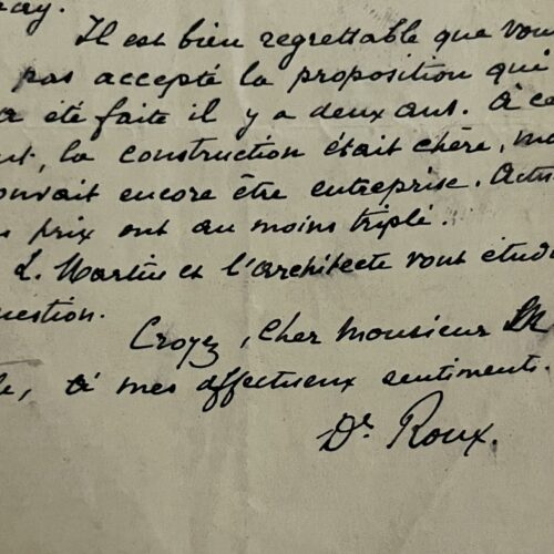 Lettre d'Émile Roux à Maurice Nicolle au sujet de la construction d'un laboratoire pour l'Institut Pasteur