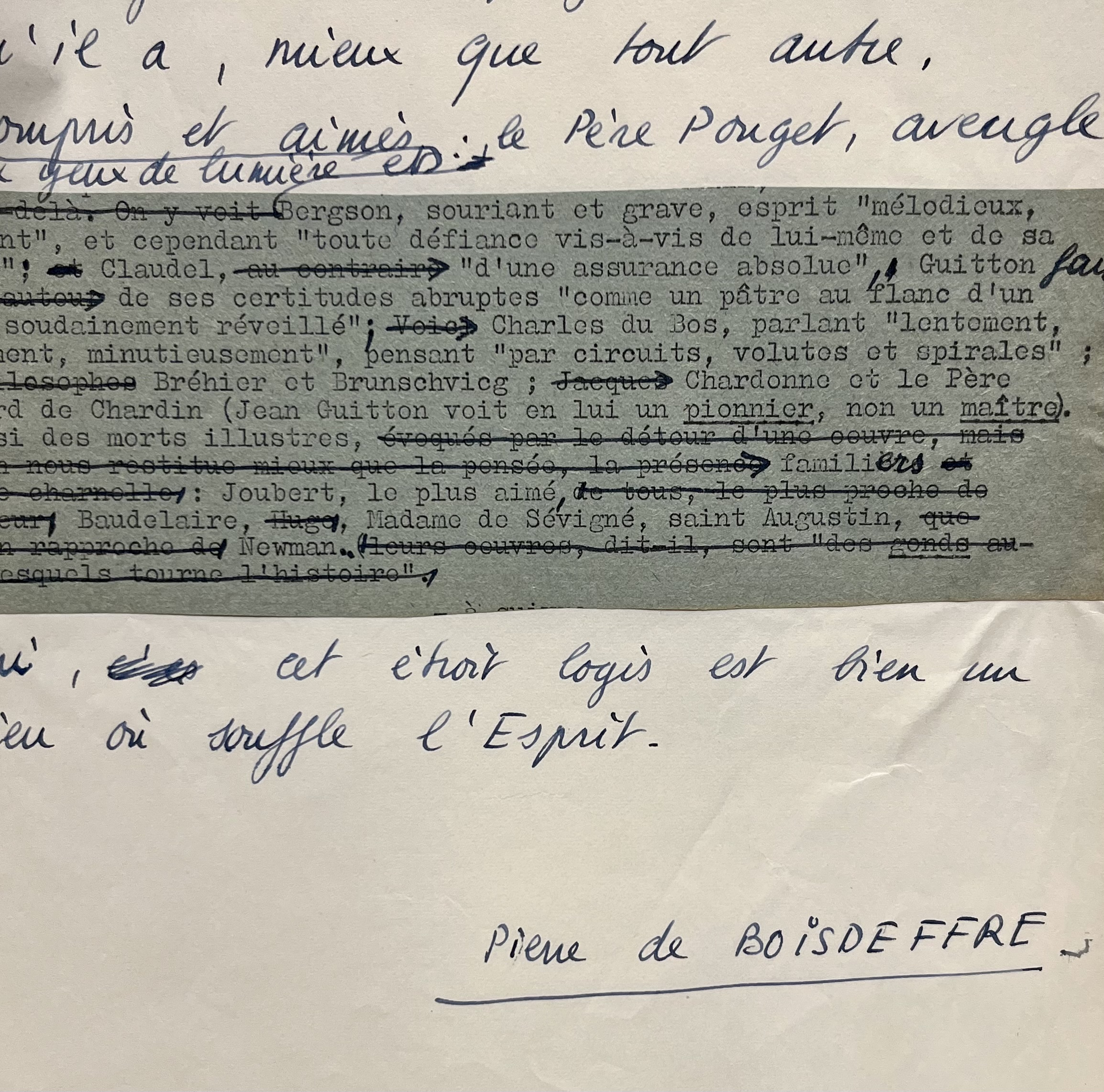 Manuscrit d’un entretien co-écrit par Pierre de Boisdeffre et Jean Guitton