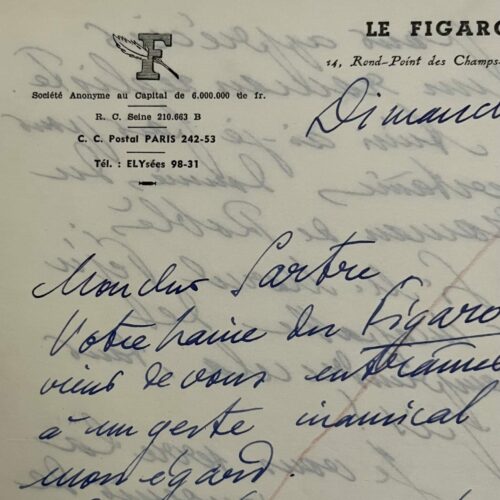 Brief von André Billy an Sartre: „Ihr Hass auf Le Figaro hat Sie soeben zu einer unfreundlichen Geste mir gegenüber veranlasst.“