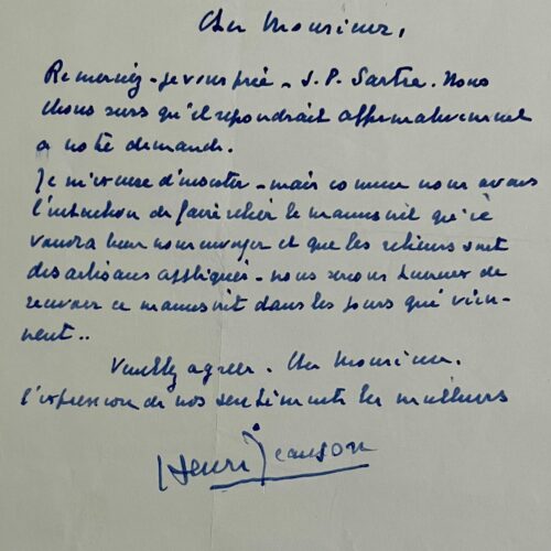 Henri Jeanson bittet über Jean Cau Sartre um ein Manuskript zum Binden