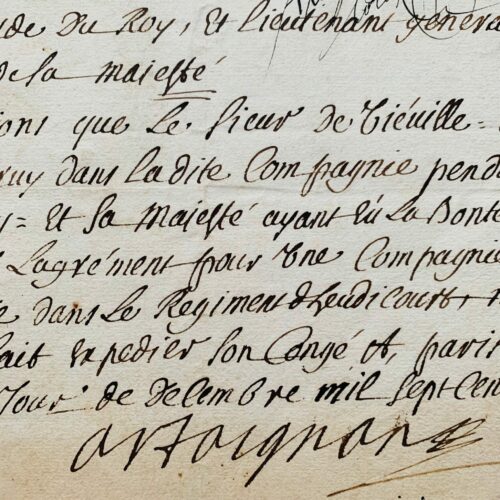 Congé signé par le comte d'Artagnan, capitaine de la première compagnie des mousquetaires du Roi