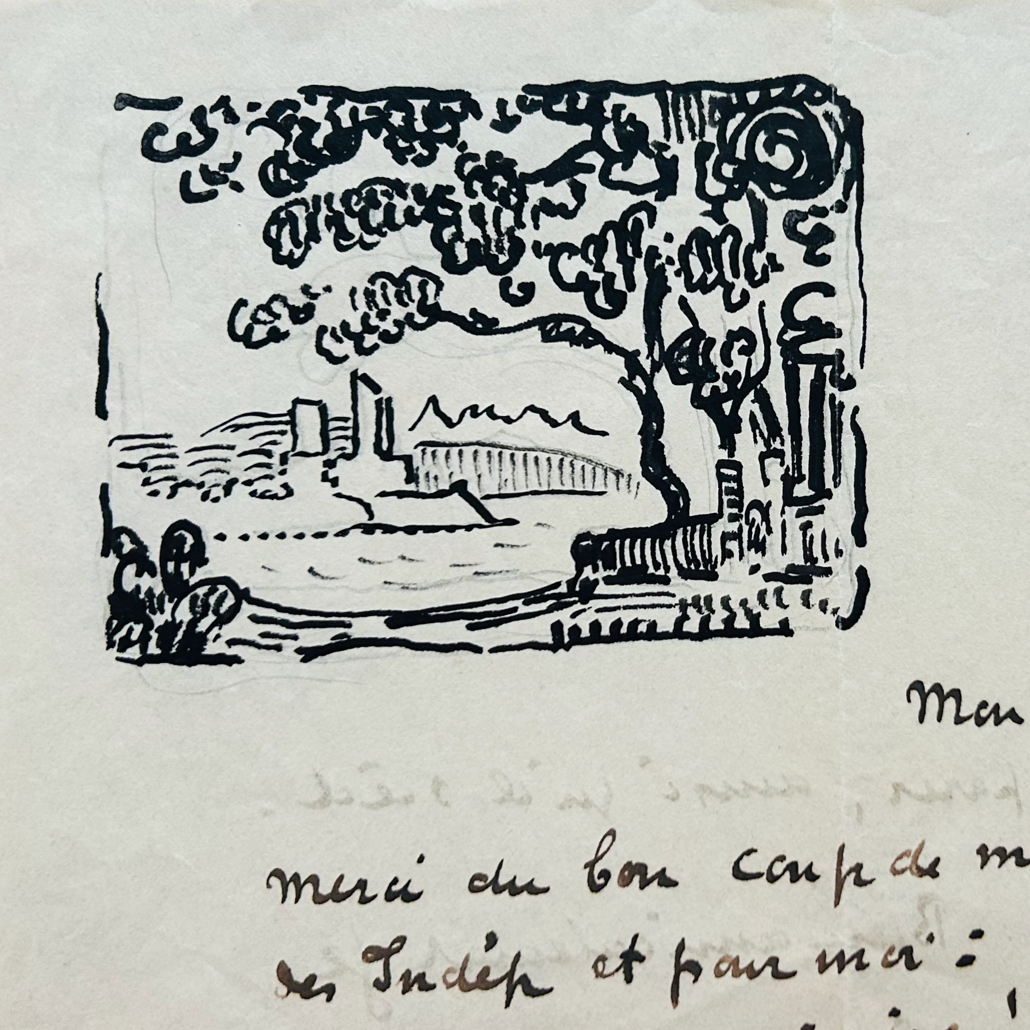 Lettre de Paul Signac illustrée d'un superbe dessin de Saint-Tropez