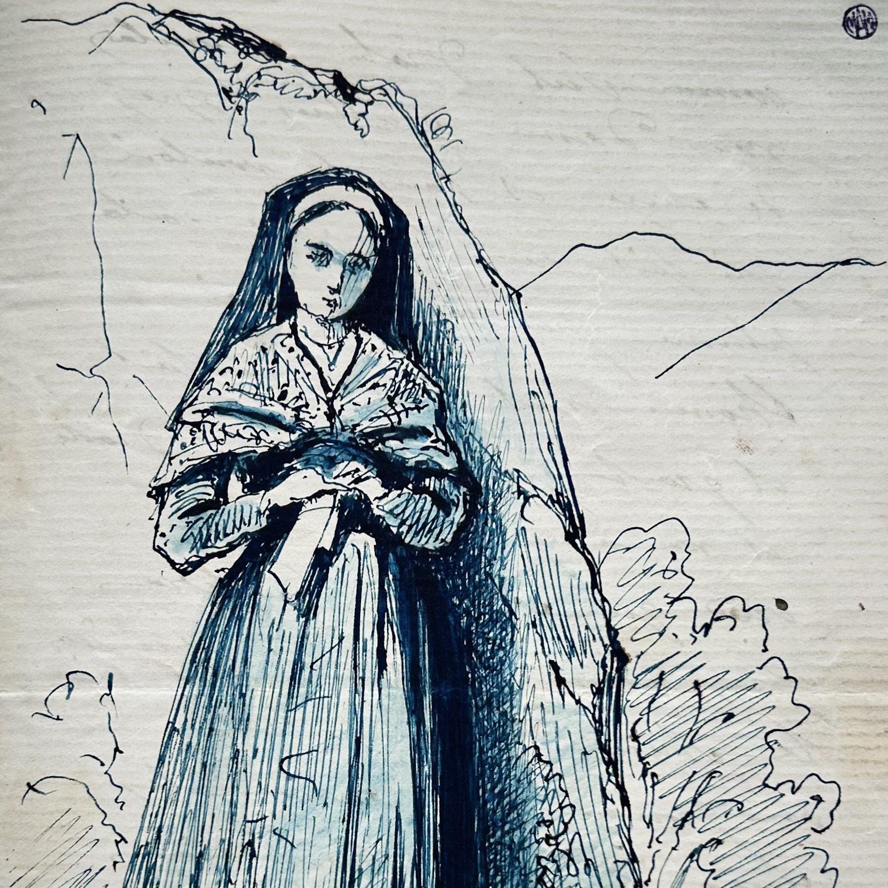 Lettre d’Eugène Giraud illustrée d’un dessin à la plume (portrait possible de Bernadette Soubirous)