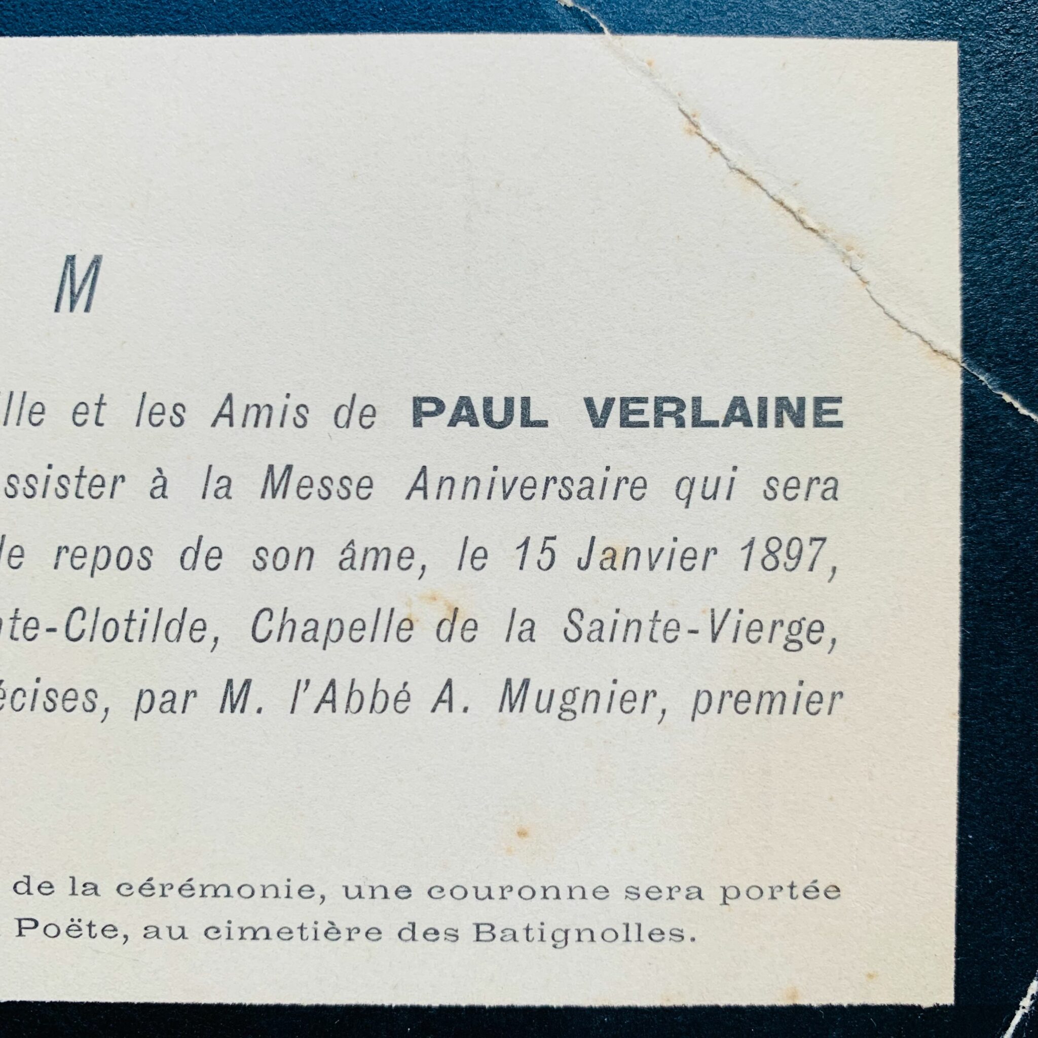 Carton d'invitation à la messe anniversaire de Paul Verlaine