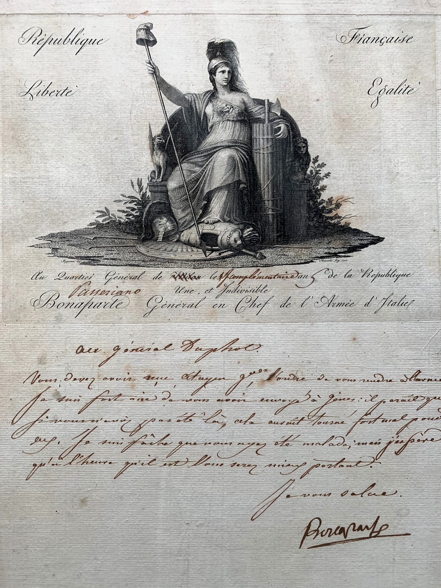 Document de la République française signé Bonaparte, armée d’Italie Document officiel de la République française, vignette gravée allégorique, signé Bonaparte, général en chef de l’armée d’Italie