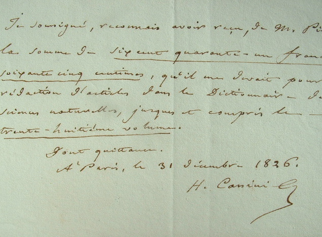 Cassini rétribué pour le Dictionnaire des sciences naturelles.