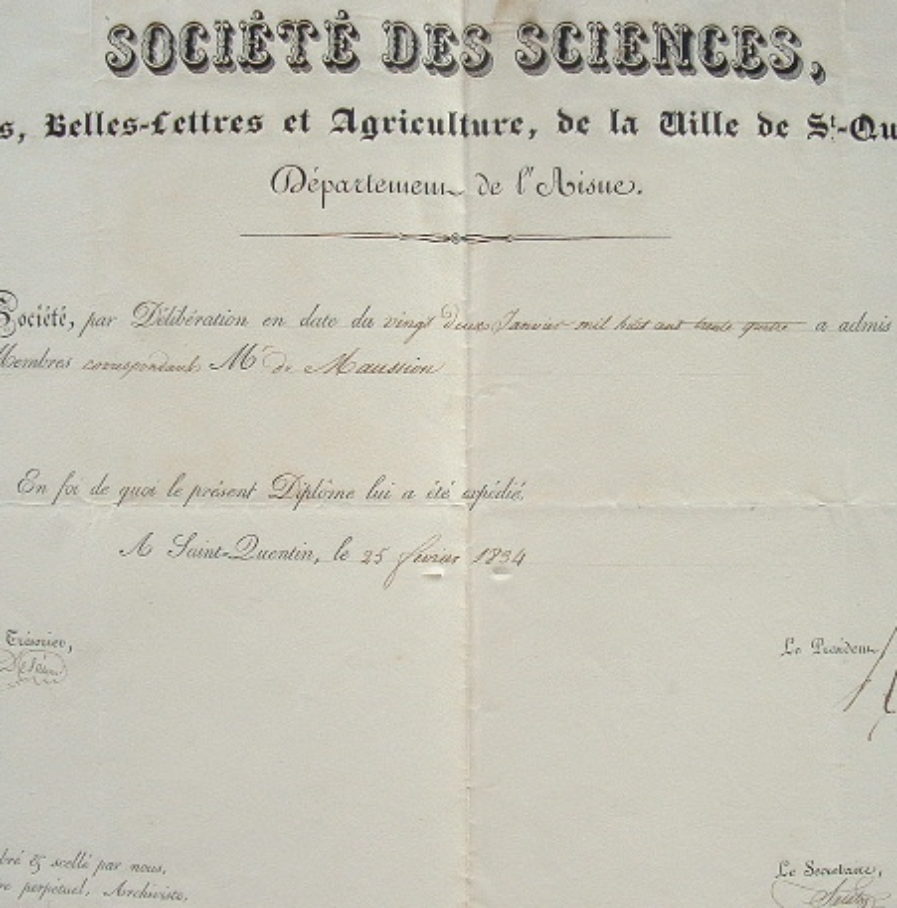 Diplôme de la Société des Sciences, Arts et Belles-Lettres de Saint-Quentin.