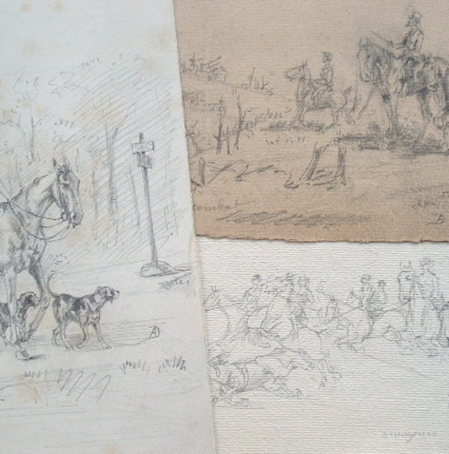 Quatre dessins de scènes de chasse en Sologne.