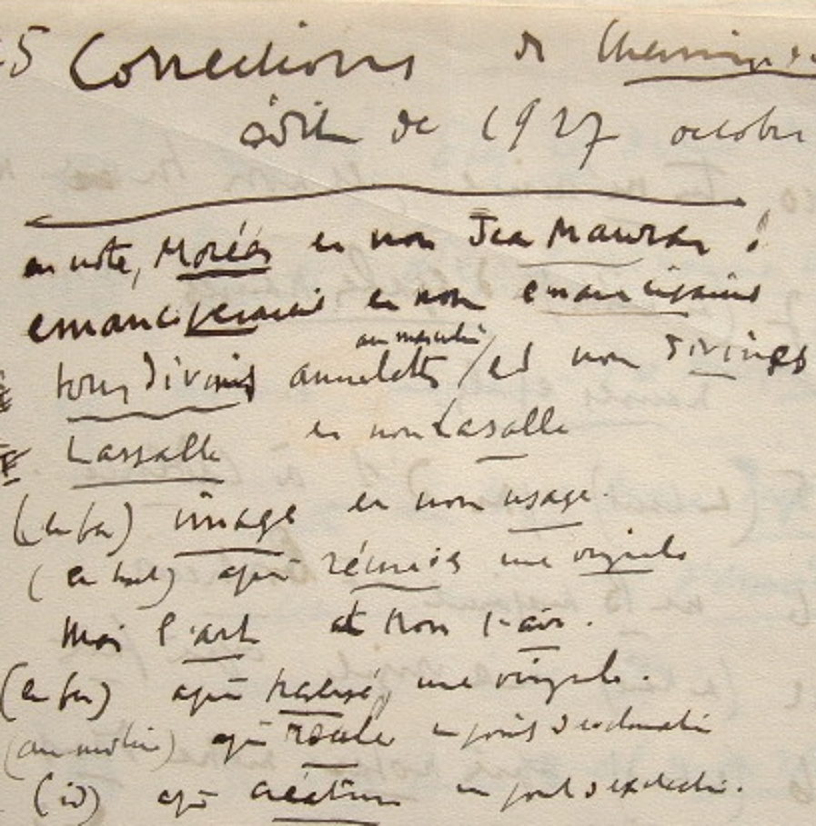 Charles Maurras dresse la liste des corrections de Chemin du Paradis.