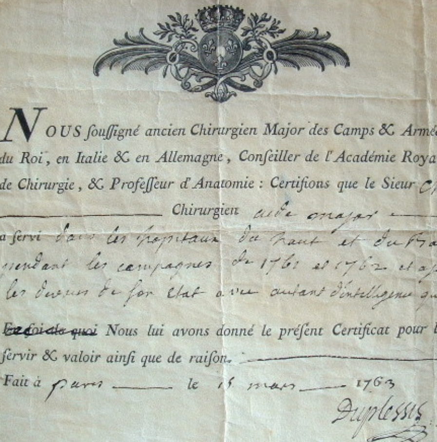 Certificat de chirurgie militaire du XVIIIe.