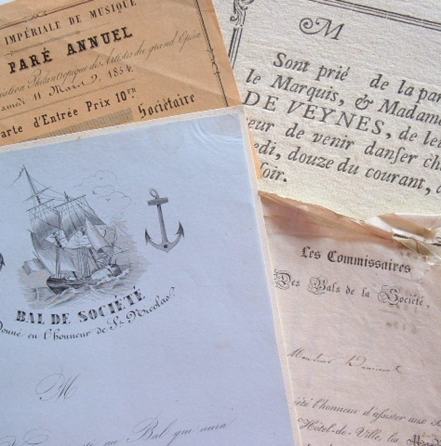 Quatre billets d’invitations au bal, des XVIIIe et XIXe.