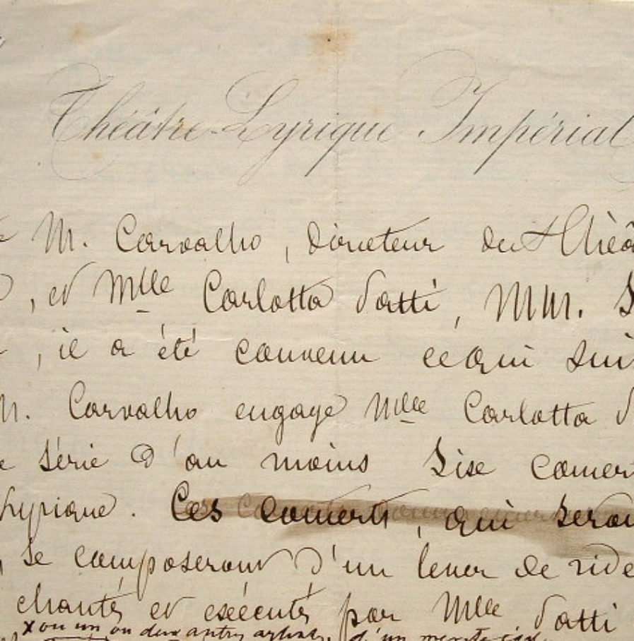 Contrat d’engagement de Carlotta Patti au Théâtre Lyrique Impérial.