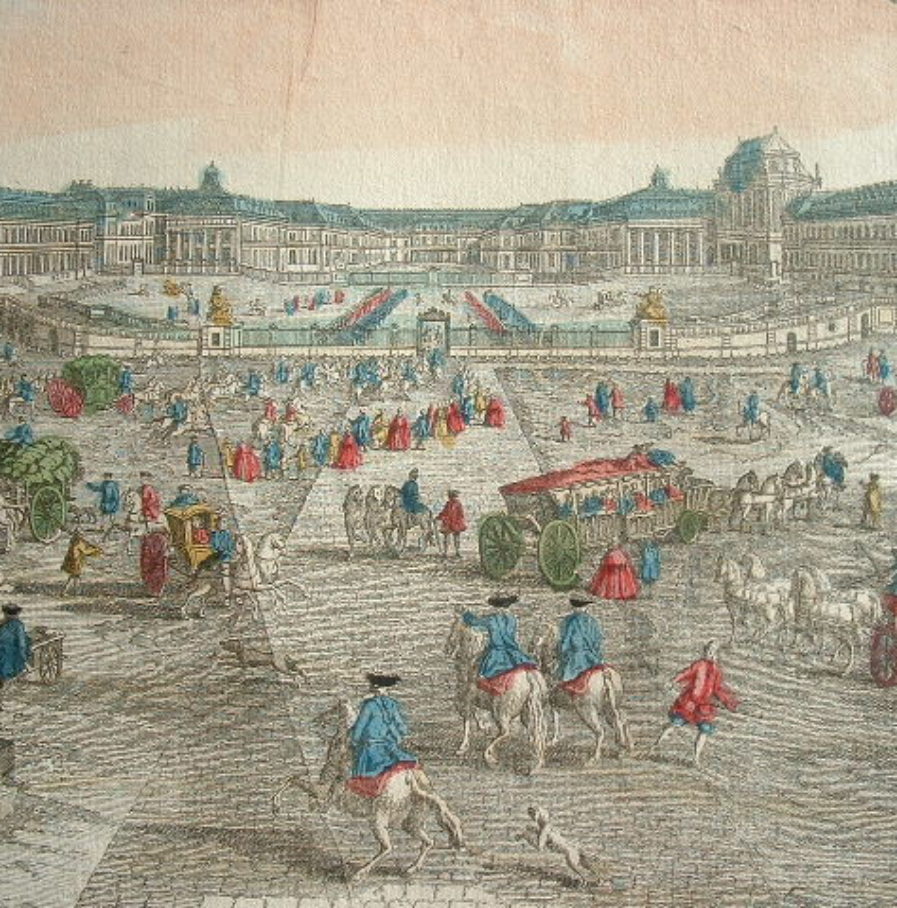 3 vues d’optique animées du château et des jardins de Versailles.