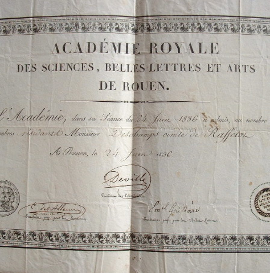 Diplôme de l’Ac. des sciences, belles-lettres et arts de Rouen.