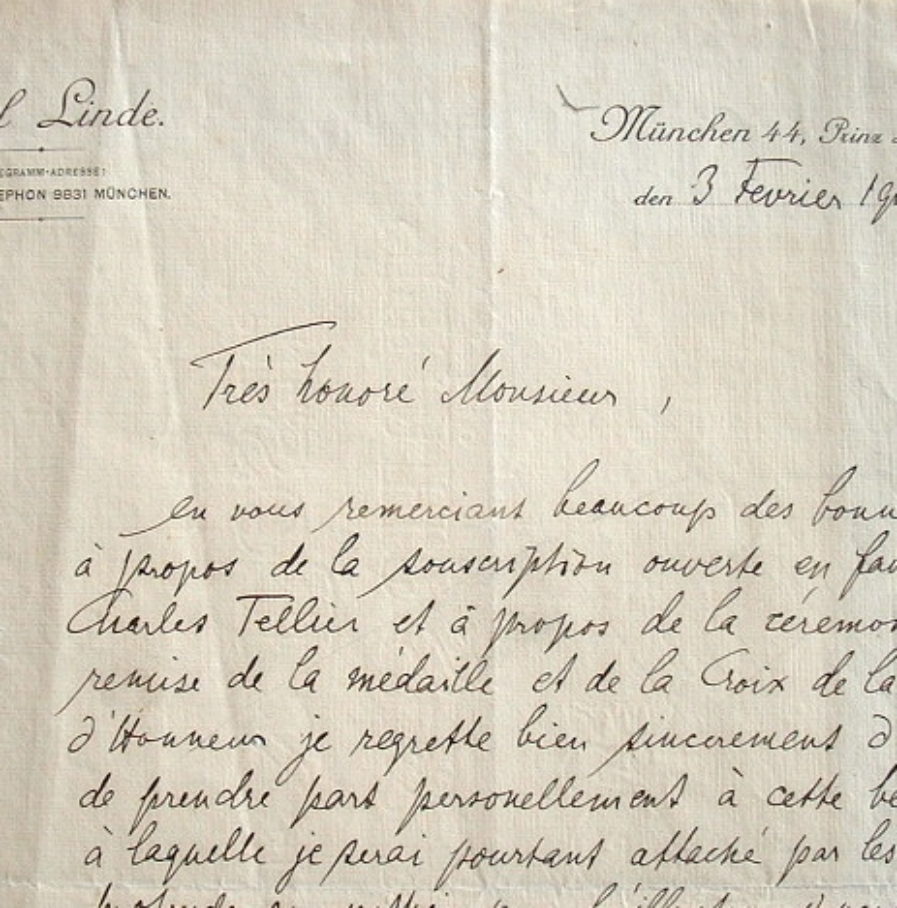 Carl von Linde rend hommage au père de la technologie du froid, Ch. Tellier.