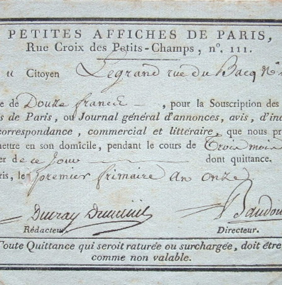 Souscription de Ducray-Duminil pour les Petites Affiches de Paris.