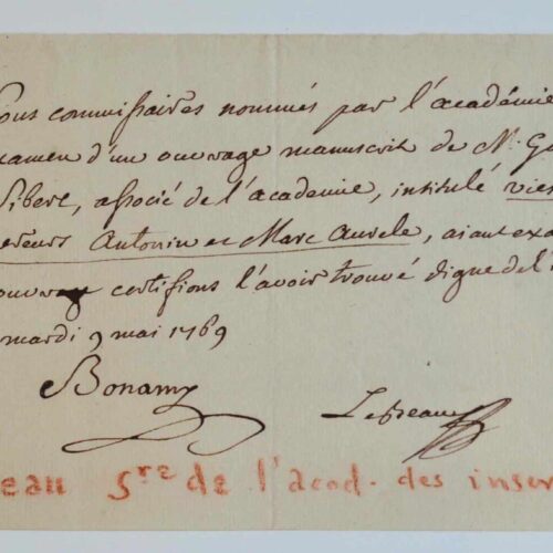 Charles Le Beau et Pierre-Nicolas Bonamy soutiennent la parution d'un ouvrage.