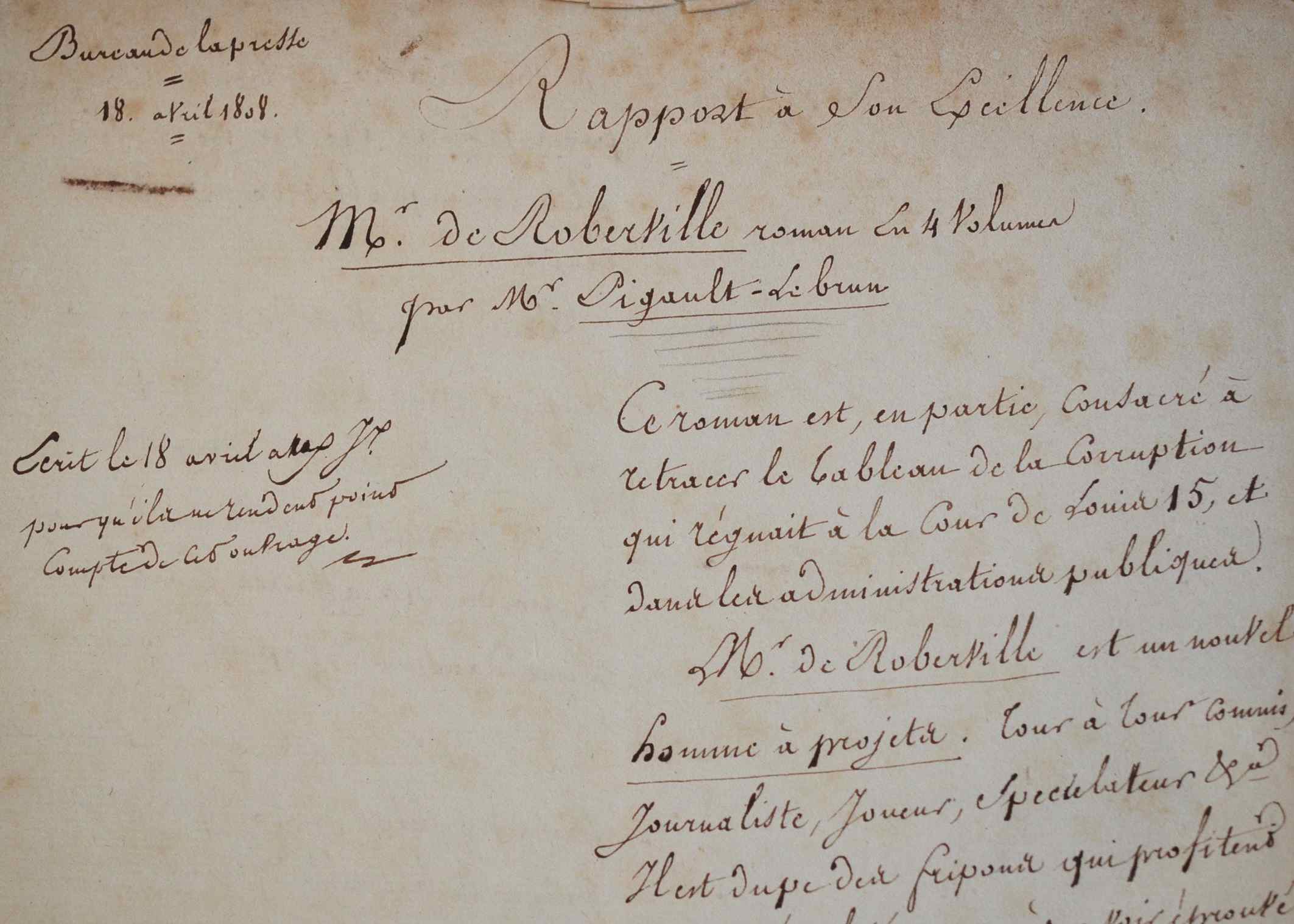 Rapport d’un censeur impérial sur M. de Roberville de Charles Pigault-Lebrun.