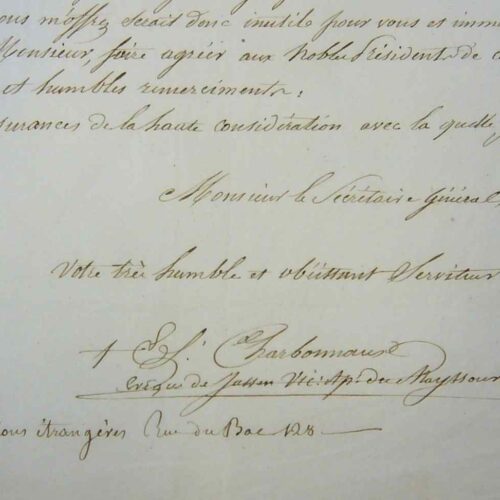 Lettre du premier vicaire apostolique de Maïssour, à Bangalore, en Inde, Mgr Charbonnaux.