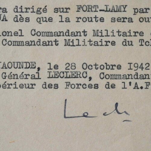 Rare document signé par Leclerc, au Cameroun, en 1942.