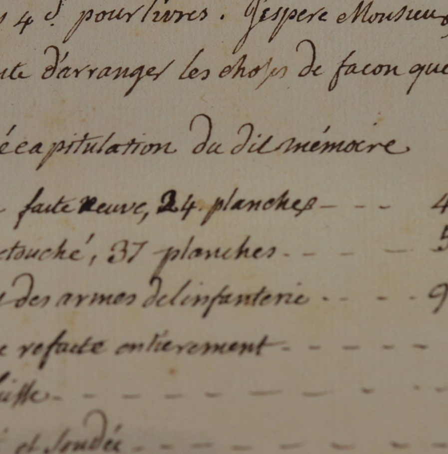 Mémoire des frais de gravure de planches d’ouvrages de cavalerie et d’infanterie, en 1766.