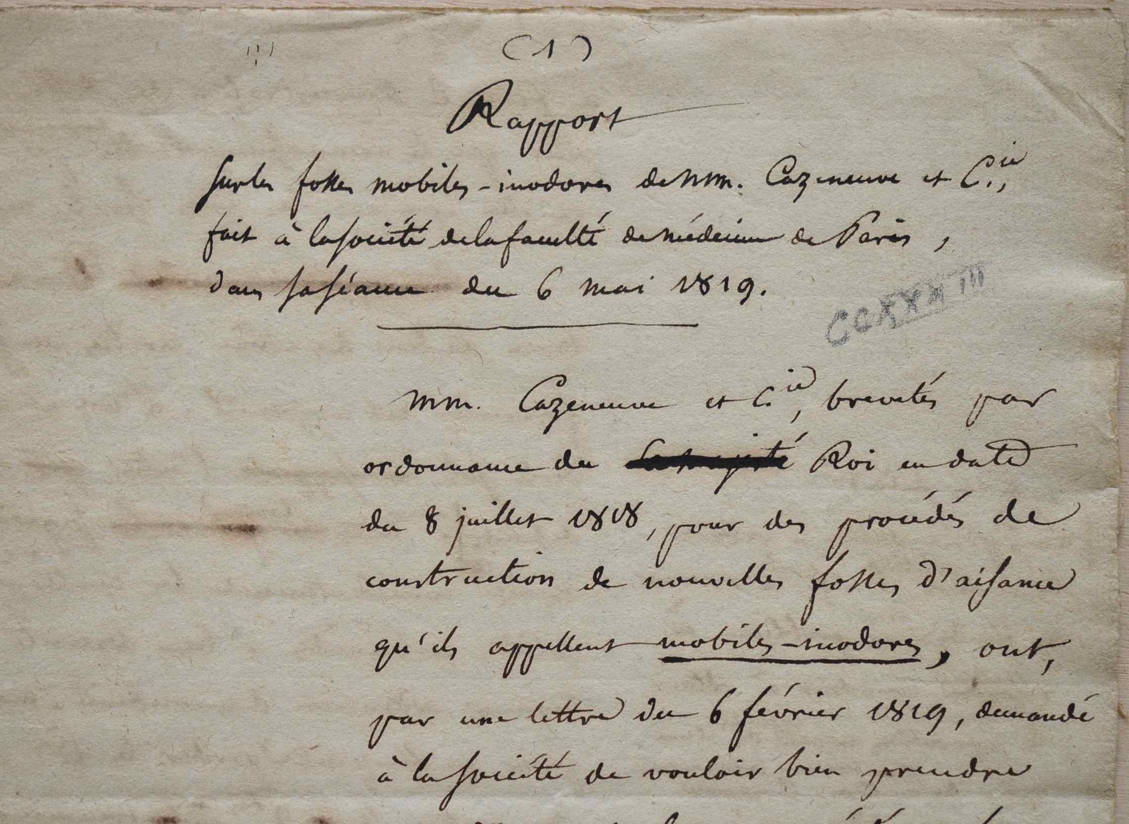 Rapport manuscrit sur les fosses d’aisance par Renauldin, Vauquelin, Léveillé et Husson.